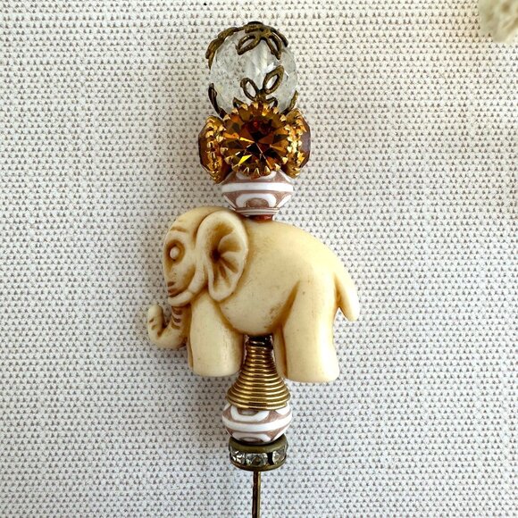 Carved Bone Elephant Hat Pin Amber Rhinestone Accent - Picture 7 of 15